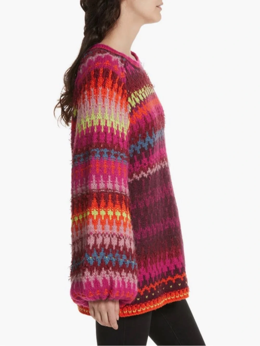 Free People Multicolor Fair Isle Crewneck Sweater in Burgundy, Pink, Neon Yellow